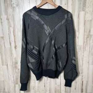 Vintage 90s Grandpa Abstract Quirky Knit Sweater Faux Leather‎ Patch Mens Large